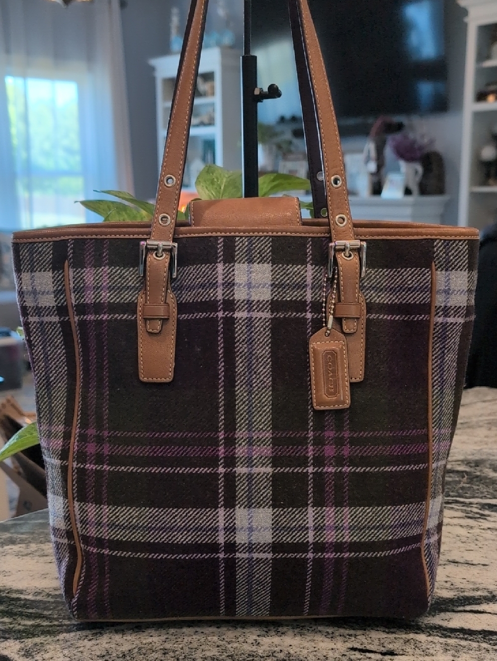 Coach Hampton Purple Tartan Plaid Wool & Leather Tote With Wristlet - VINTAGE